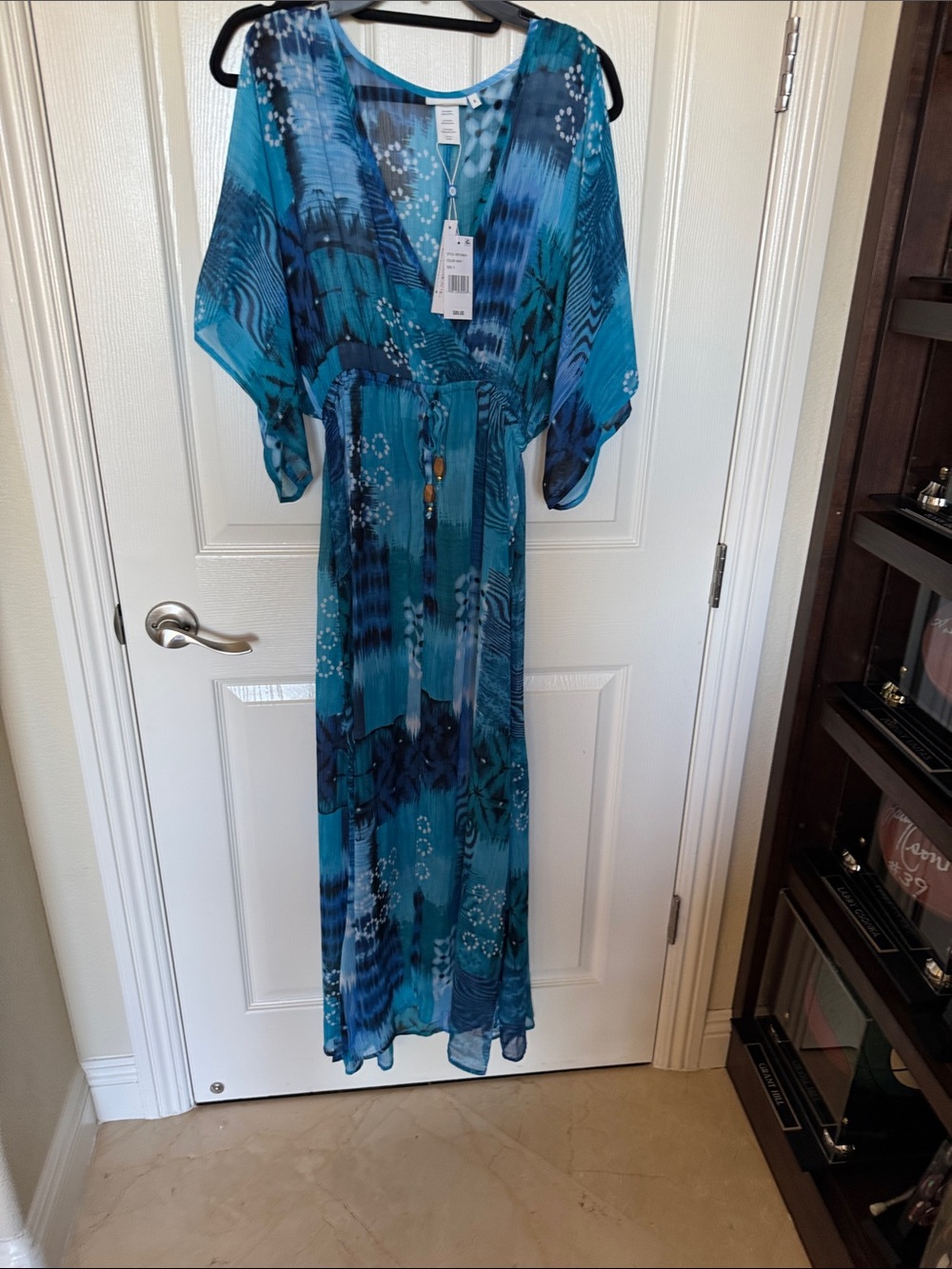 NWT Bleu rod Beattie Women’s Teal Blue Maxi pool Dress with Sheer Kimono Sleeves